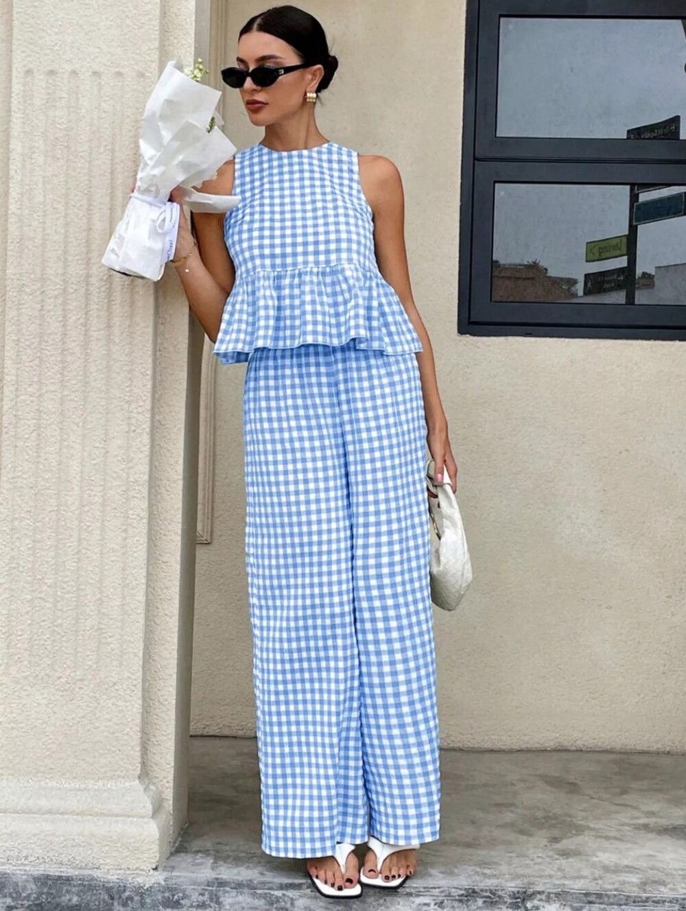 🌸Blue Gingham Peplum Top & Wide Leg Pants Set - Picture 1 of 4